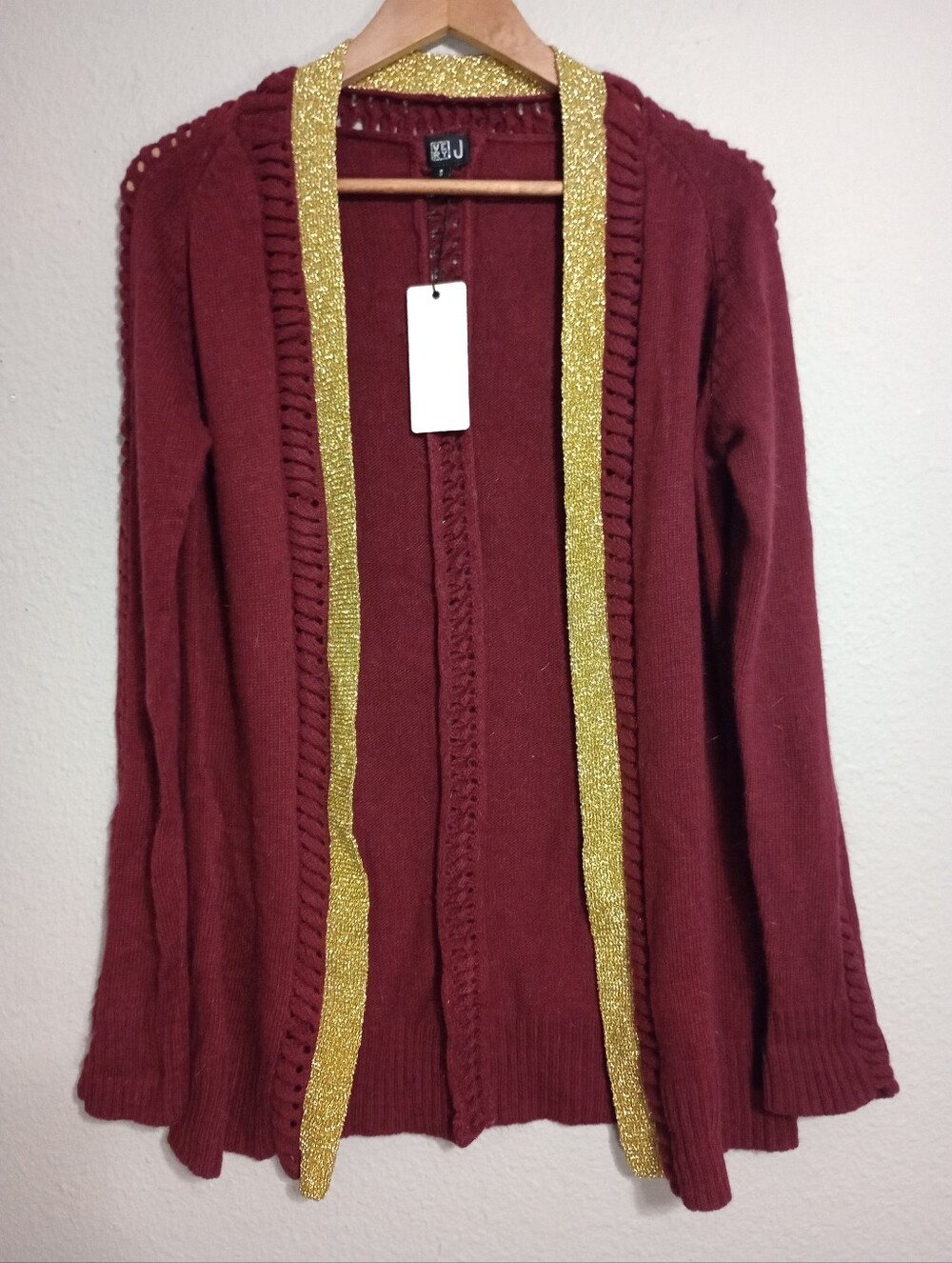 Very J Wool Blend Open Front Cardigan Metallic Gold Trim Preppy Cozy Academia